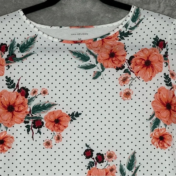 Van Heusen M Medium Shirt‎ Top White Coral Pink Floral Short Sleeve Round Neck - Picture 3 of 7